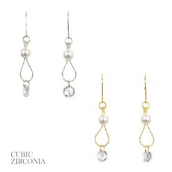PEARL & CZ DROP PIERCED EARRINGS. GOLD, SILVER. SOLD IN SETS OF 2 ONLY