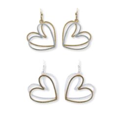 BRASS TWO TONE DOUBLE HEART EARRINGS. GOLD/SILVER, SILVER/GOLD. SOLD IN SETS OF 2 ONLY
