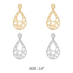 2 INCH TEARDROP PATTERN FILIGREE PIERCED EARRINGS. GOLD, SILVER. SOLD IN SETS OF 2 ONLY