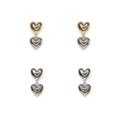 DOUBLE HEART DROP PIERCED EARRINGS. TWO TONE, SILVER. SOLD IN SETS OF 2 ONLY