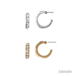 BAGUETTE CRYSTAL HOOP PIERCED EARRINGS. GOLD, SILVER. SOLD IN SETS OF 2 ONLY