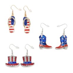 PATRIOTIC ENAMEL & CRYSTAL PIERCED EARRINGS. FLIP FLOP, BOOT, HAT. SOLD IN SETS OF 3 ONLY.