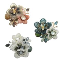 FABRIC/ENAMEL FLOWER MAGNETIC PIN. BROWN, TEAL, WHITE. SOLD IN SETS OF 3 ONLY