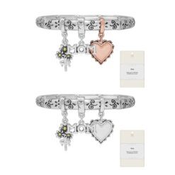 MOM HEART & FLOWER CHARM STRETCH BRACELET. TWO TONE, SILVER. SOLD IN SETS OF 2 ONLY.