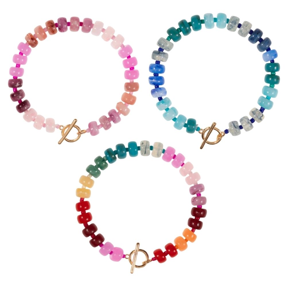 OMBRE MIXED BEAD STRETCH BRACELET WITH GOLD TOGGLE. PINK, BLUE, MULTI. SOLD IN SETS OF 3 ONLY
