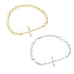 BEADED CZ CROSS STRETCH BRACELET. SILVER, GOLD. SOLD IN SETS OF 2 ONLY