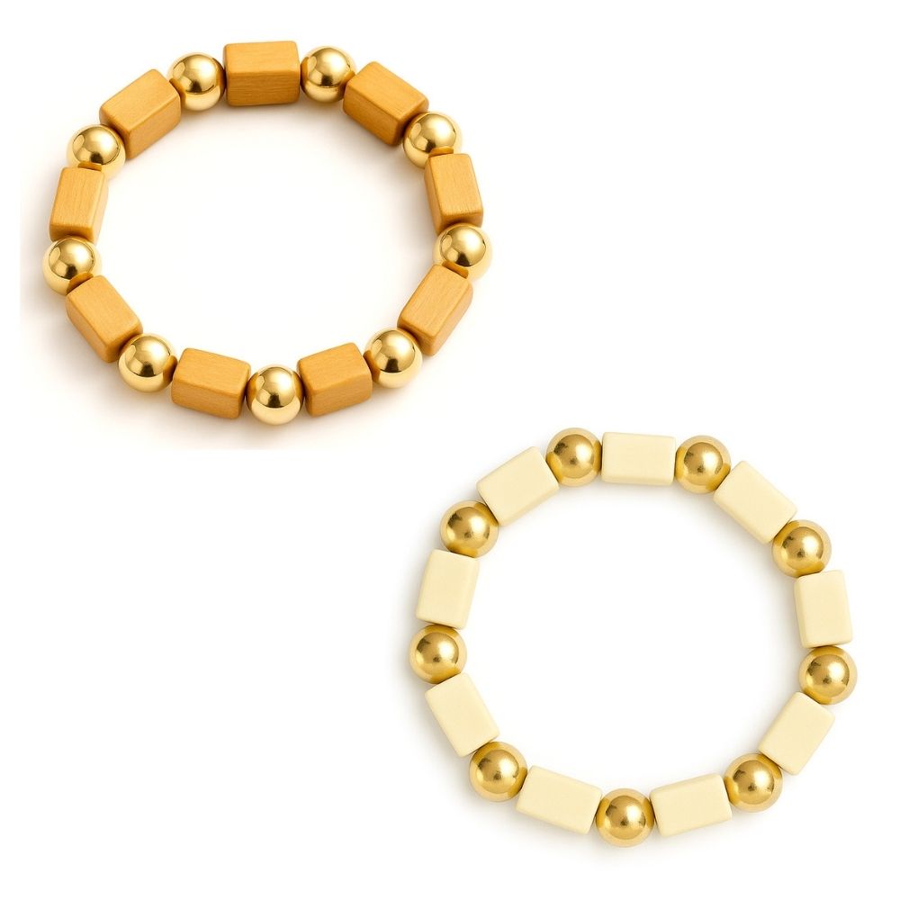 GOLD & WOOD BEAD STRETCH BRACELET. BROWN, NATURAL. SOLD IN SETS OF 2 ONLY