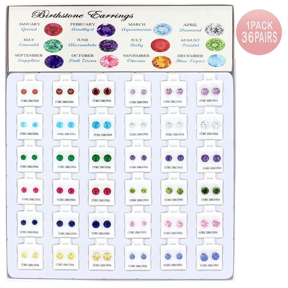 36 PIECE CZ SILVER POST BIRTHSTONE EARRINGS WITH DISPLAY. ASSORTED SIZES