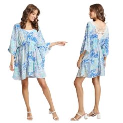 BLUE MIXED PRINT FLOWY DRESS / COVER UP WITH CROCHET DETAIL BACK