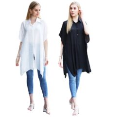 SOLID COLORED BUTTON FRONT TUNIC. WHITE, BLACK. SOLD IN SETS OF 2 ONLY