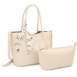 IVORY TOTE WITH POUCH & SCARF ACCENT. 9X4.5X8.3