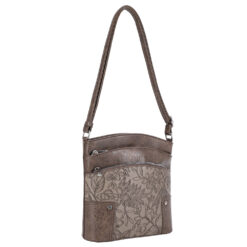 STONE FLORAL TOOLED MULTI ZIP CROSSBODY. 9.4X9.75X3.13
