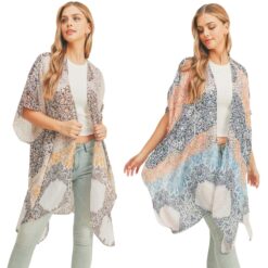 ALL OVER MIXED PRINT KIMONO. PEACH, TAUPE. SOLD IN SETS OF 2 ONLY