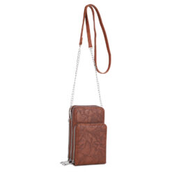 BROWN TOOLED 3 COMPARTMENT SMALL CROSSBODY. 4.5x 7.4x 2.5