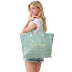 MINT WOVEN SUMMER EMBROIDERED TOTE BAG. 13.5x14x5. ARRIVES EARLY FEBRUARY