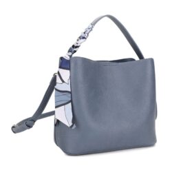 BLUE SCARF ACCENT DUAL STRAP BUCKET BAG. 9.5X9X4.5