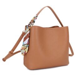 CAMEL SCARF ACCENT DUAL STRAP BUCKET BAG. 9.5X9X4.5