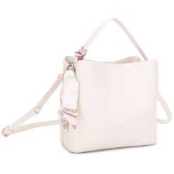 CREAM SCARF ACCENT DUAL STRAP BUCKET BAG. 9.5X9X4.5
