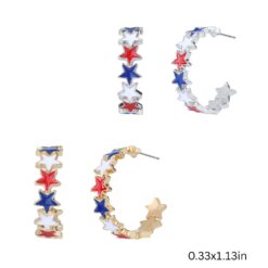 PATRIOTIC RED/WHITE/BLUE ENAMEL STARS HOOP EARRINGS. SILVER, GOLD. SOLD IN SETS OF 3 ONLY