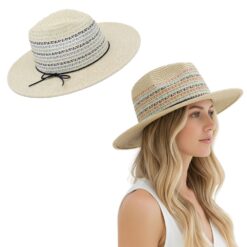 MULTI COLOR STRIPED WOVEN STRAW SUN HAT. LIGHT BEGIE, NATURAL. SOLD IN SETS OF 2 ONLY