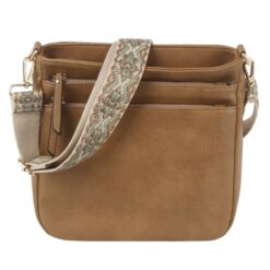MOCHA GUITAR STRAP MULTI ZIP CROSSBODY. 9.5X9.5X3.25