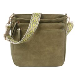 OLIVE GUITAR STRAP MULTI ZIP CROSSBODY. 9.5X9.5X3.25