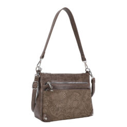 STONE TOOLED TRIPLE COMPARTMENT CROSSBODY/SHOULDER BAG. 10X7.5X4