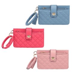 3 IN 1 QUILTED WRISTLET/WALLET WITH CARD HOLDER. 8x5.1x1.6. BLUE, FUCHSIA, PINK. SOLD IN SETS OF 3
