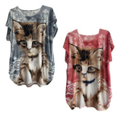 EMBELLISHED CAT PRINT TUNIC. FUCHSIA, BLACK. SOLD IN SETS OF 2 ONLY