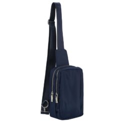 NAVY BLUE TRIPLE ZIP NYLON SLING BAG. 9X5.5X2