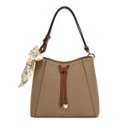 TAUPE TWO‑TONE SHOULDER BAG WITH SCARF DETAIL. 11.8X10.25X5