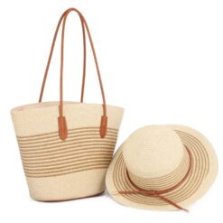 NATURAL & BROWN STRIPED STRAW TOTE & HAT SET. 16x4.8x11.5. AVAILABLE TO SHIP EARLY APRIL