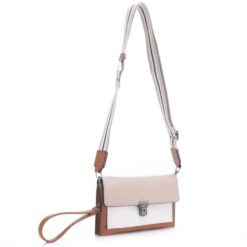 TAUPE COLOR BLOCK CROSSBODY/CLUTCH. 8.6X5.5X0.5. AVAILABLE TO SHIP EARLY APRIL