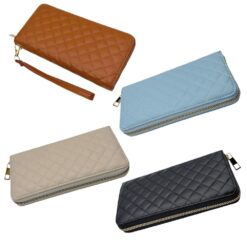 QUILTED ZIP AROUND WALLET W/ WRIST STRAP. TAN, LT. BLUE, BLACK, BEIGE. 7.5X4X1. SOLD IN SETS OF 4 ONLY