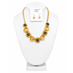GOLD, BLACK & CRYSTAL FLORAL STATEMENT NECKLACE & EARRING SET