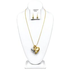 TWO TONE DOUBLE HEART LONG NECKLACE SET