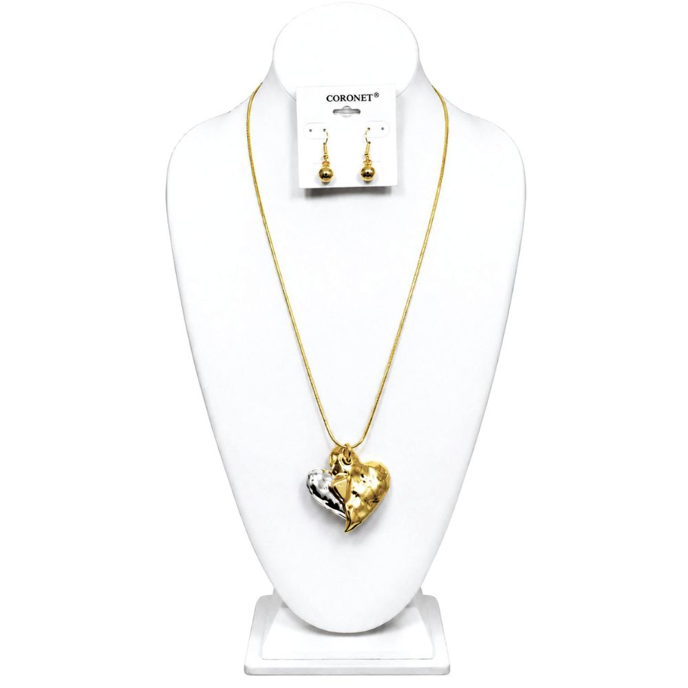 TWO TONE DOUBLE HEART LONG NECKLACE SET