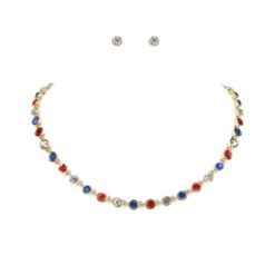 GOLD BEZEL SET PATRIOTIC RED/WHITE/BLUE CRYSTAL TENNIS NECKLACE SET