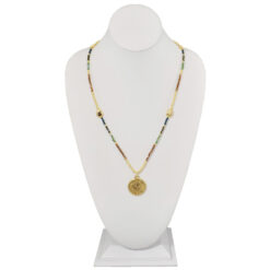 LONG GOLD COIN WITH BROWN, GREEN, NAVY BEADS NECKLACE