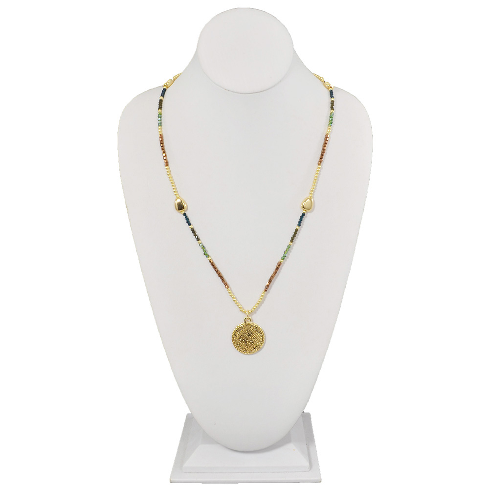 LONG GOLD COIN WITH BROWN, GREEN, NAVY BEADS NECKLACE