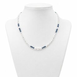 SILVER & DARK BLUE GLASS BEAD NECKLACE