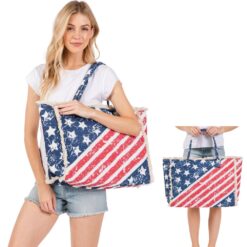 PATRIOTIC CANVAS FRINGE TOTE W/ ZIPPER CLOSURE. 17.5x14x5