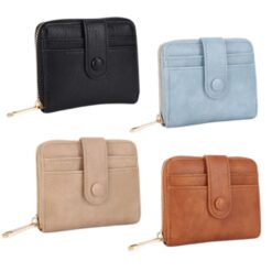 COMPACT ZIP AROUND WALLET WITH SNAP CLOSURE. BLACK, BLUE, BROWN, TAUPE. SOLD IN SETS OF 5 ONLY
