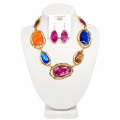 GOLD MULTI COLOR MARBLED RESIN LINK NECKLACE & EARRING SET
