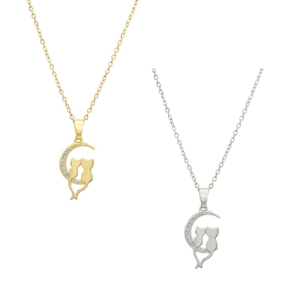 DOUBLE CAT & CRESCENT MOON CZ PENDANT NECKLACE. GOLD, SILVER. SOLD IN SETS OF 2 ONLY