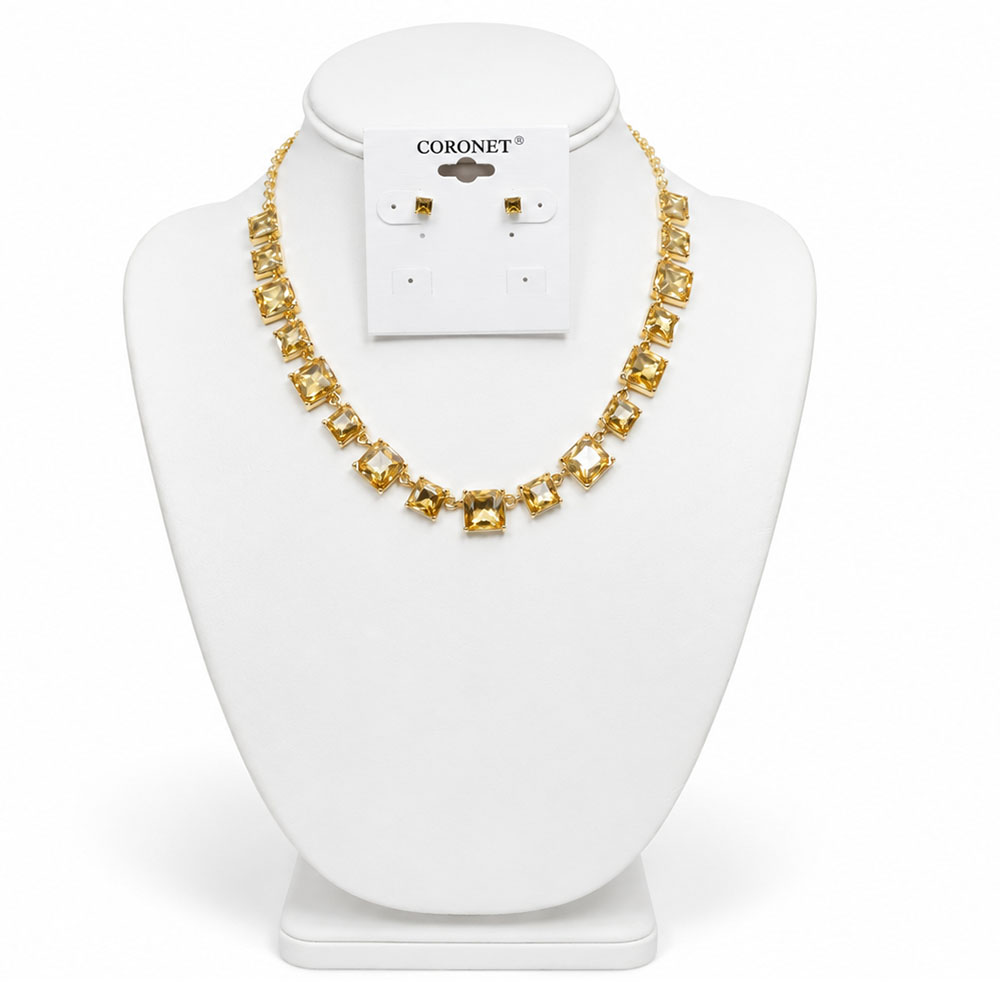 GOLD CHAMPAGNE SQUARE CUT CRYSTAL NECKLACE WITH EARRINGS