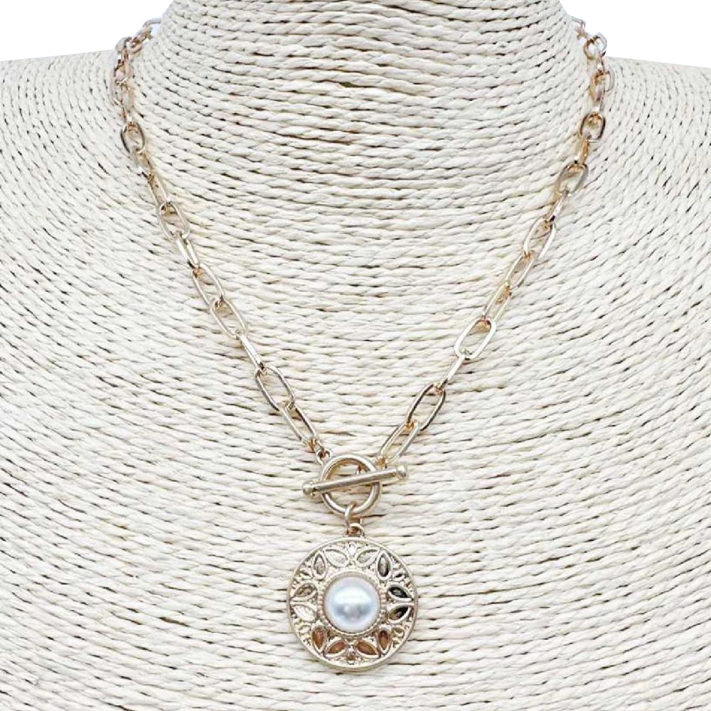 GOLD PEARL PENDANT TOGGLE CLASP NECKLACE