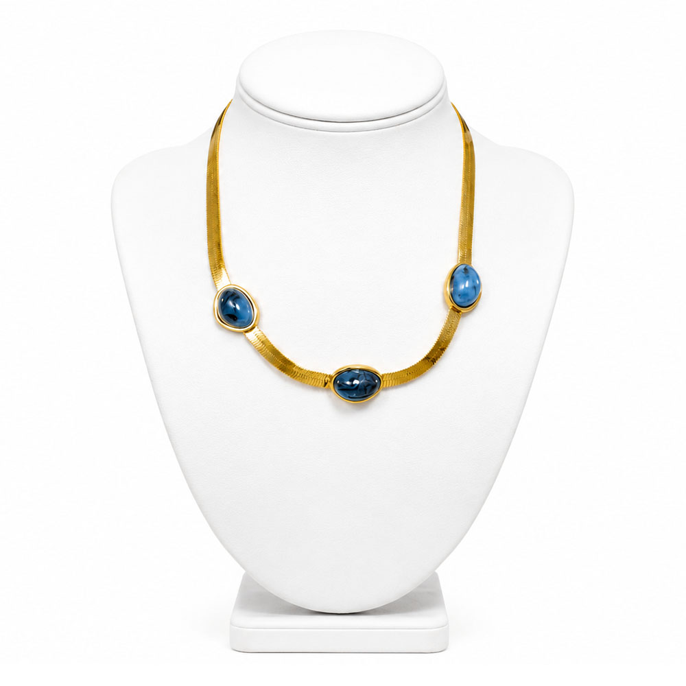 GOLD & BLUE OVAL STONE HERRINGBONE NECKLACE
