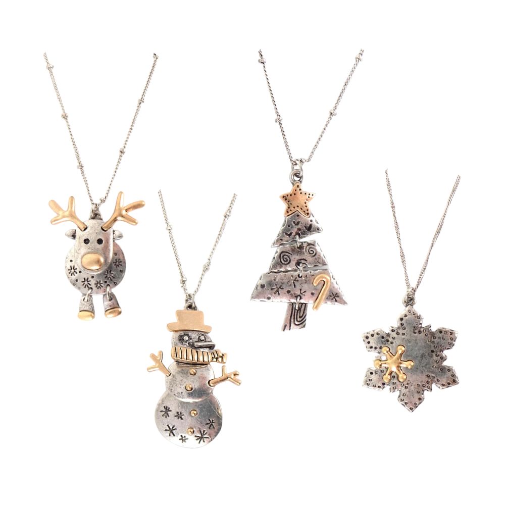 TWO TONE CHRISTMAS PENDANT NECKLACE. REINDEEER, SNOWMAN, TREE, SNOWFLAKE. SOLD IN SETS OF 4 ONLY