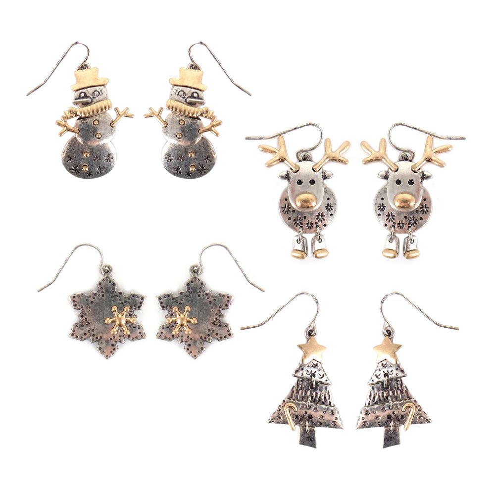TWO TONE CHRISTMAS EARRINGS. REINDEEER, SNOWMAN, TREE, SNOWFLAKE. SOLD IN SETS OF 4 ONLY